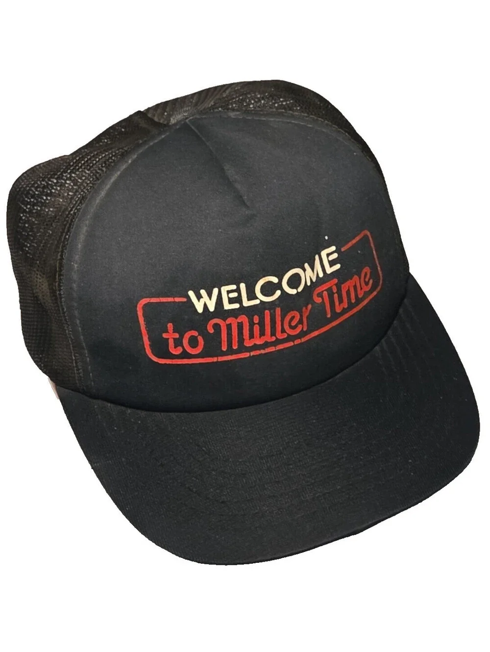 Vintage Welcome To Miller Time Trucker Hat Snapback Black Mesh Beer Promo 80s